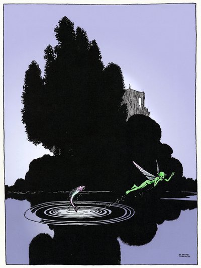 En alf afbildet på den indledende side i fjerde akt af William Shakespeares "Drøm for en sommernat" (1595), tegning af W. Heat Robinson, 1914-udgaven, Constable. af William Heath Robinson