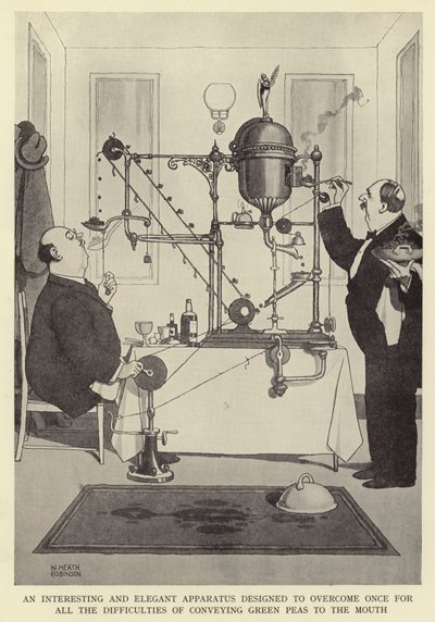 Et interessant og elegant apparat designet til én gang for alle at overvinde vanskelighederne med at formidle grønne ærter til munden af William Heath Robinson