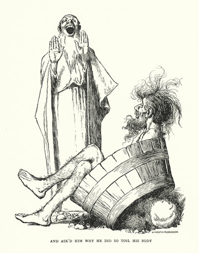 Og spurgte ham, hvorfor han gjorde så slid på sin krop (litho) af William Heath Robinson
