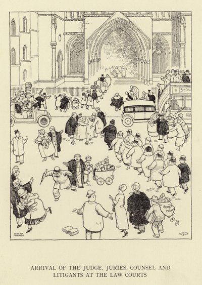 Ankomst af dommer, nævninge, advokater og procesdeltagere til domstolene af William Heath Robinson