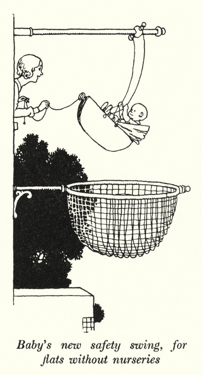 Babys nye sikkerhedsgynge, til lejligheder uden børneværelser (litho) af William Heath Robinson