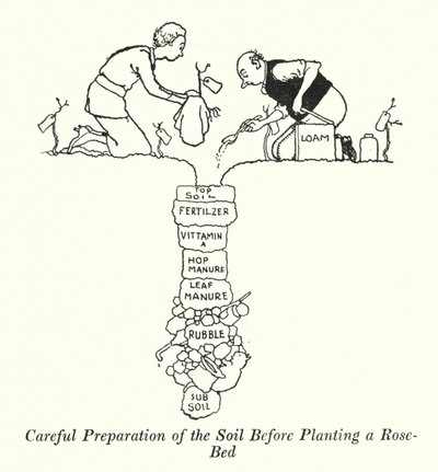 Omhyggelig forberedelse af jorden før plantning af et rosenbed (litho) af William Heath Robinson