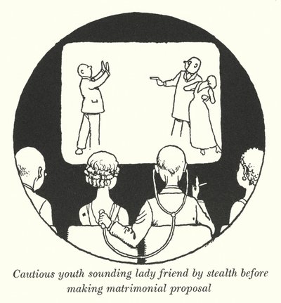 Forsigtig ungdom, der klingende veninde ved stealth, før de fremsætter et ægteskabsforslag (litho) af William Heath Robinson