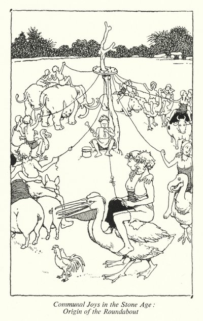 Fælles glæder i stenalderen, rundkørslens oprindelse (litho) af William Heath Robinson