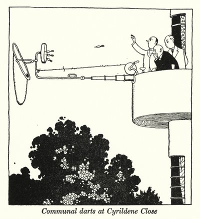Fælles dart på Cyrildene Close (litho) af William Heath Robinson
