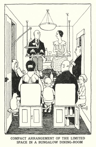 Kompakt arrangement af den begrænsede plads i en bungalow-spisestue (litho) af William Heath Robinson