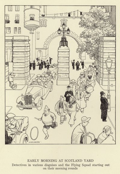 Tidlig morgen på Scotland Yard, detektiver i forskellige forklædninger og Flying Squad starter på deres morgenrunder af William Heath Robinson