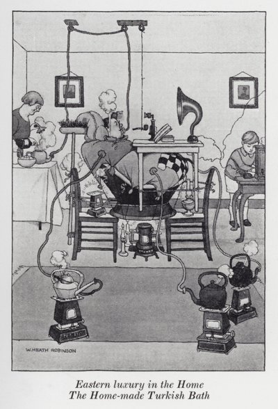 Østlig luksus i hjemmet, det hjemmelavede tyrkiske bad (litho) af William Heath Robinson
