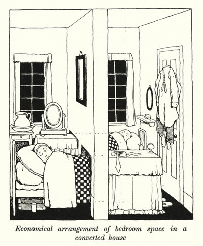 Økonomisk arrangement af soveværelsesplads i et ombygget hus (litho) af William Heath Robinson