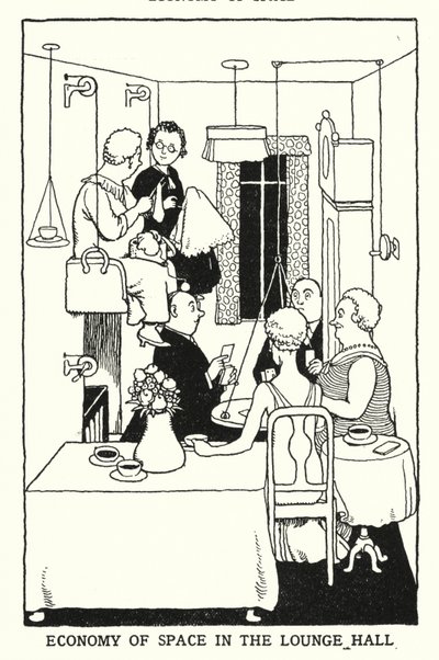 Pladsøkonomi i Lounge Hall (litho) af William Heath Robinson