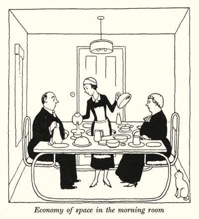 Pladsøkonomi i morgenrummet (litho) af William Heath Robinson