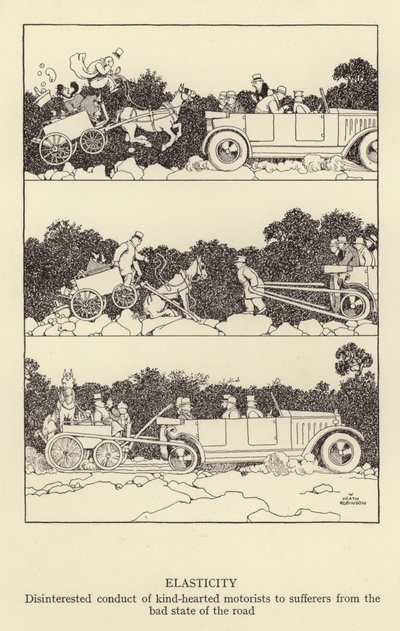 Elasticitet, uinteresseret opførsel af godhjertede bilister til lider af vejens dårlige tilstand af William Heath Robinson