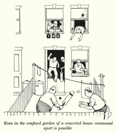 Selv i den lukkede have i et ombygget hus er fællessport muligt (litho) af William Heath Robinson