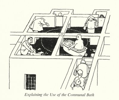Forklaring af brugen af fællesbadet (litho) af William Heath Robinson