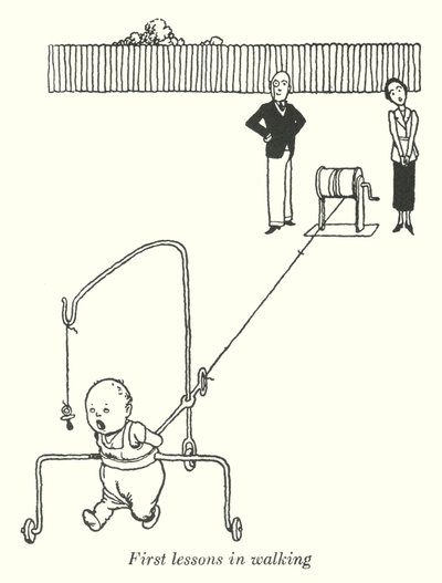 Første lektioner i gang (litho) af William Heath Robinson