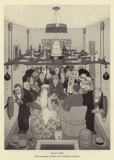Fladt liv, fornuftig pladsøkonomi ved en bryllupsreception af William Heath Robinson