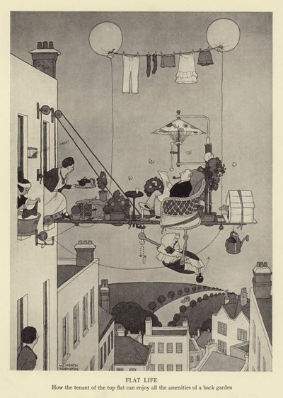 Fladt liv, hvordan lejeren af den øverste lejlighed kan nyde alle faciliteterne i en baghave af William Heath Robinson