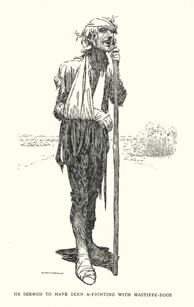 Han så ud til at have slået med mastiffe-hunde (litho) af William Heath Robinson