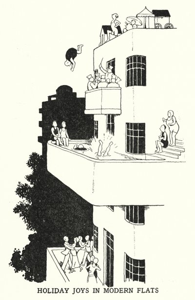 Ferieglæder i moderne lejligheder (litho) af William Heath Robinson