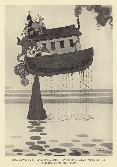 Hvordan Noa ved dygtig ledelse afværgede en katastrofe ved synkningen af syndfloden af William Heath Robinson