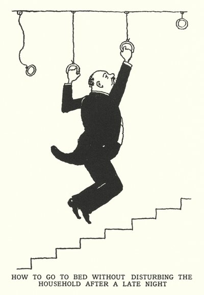 Sådan går du i seng uden at forstyrre husstanden efter en sen nat (litho) af William Heath Robinson