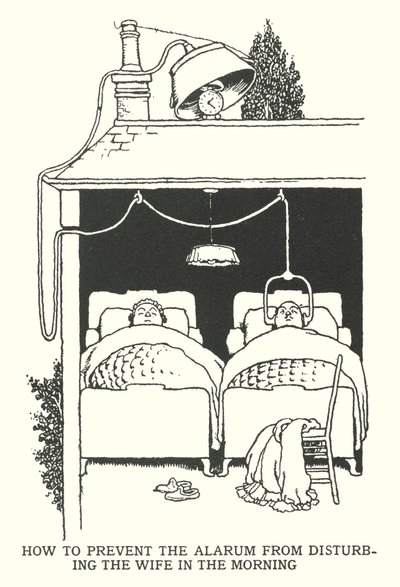 Sådan forhindrer du alarmen i at forstyrre konen om morgenen (litho) af William Heath Robinson
