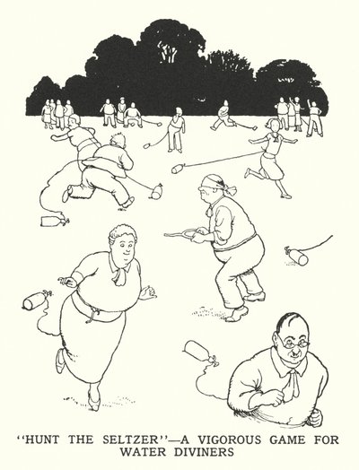 "Hunt the Seltzer", et energisk spil for vandspånere (litho) af William Heath Robinson