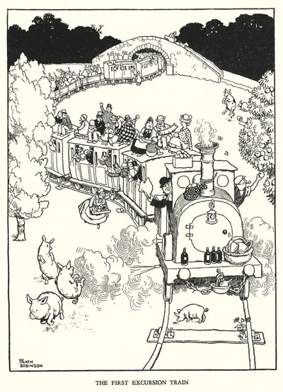 Illustration til Railway Ribaldry af W Heath Robinson (litho) af William Heath Robinson