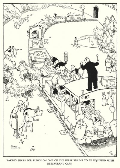 Illustration til Railway Ribaldry af W Heath Robinson (litho) af William Heath Robinson