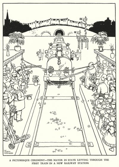 Illustration til Railway Ribaldry af W Heath Robinson (litho) af William Heath Robinson