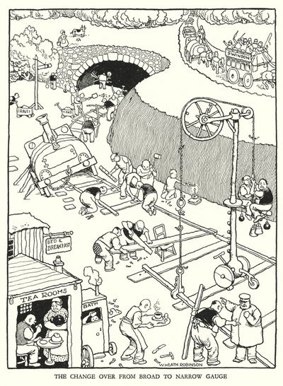 Illustration til Railway Ribaldry af W Heath Robinson (litho) af William Heath Robinson