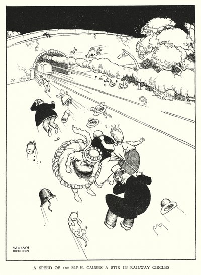 Illustration til Railway Ribaldry af W Heath Robinson (litho) af William Heath Robinson