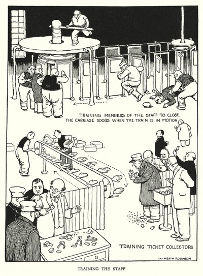 Illustration til Railway Ribaldry af W Heath Robinson (litho) af William Heath Robinson