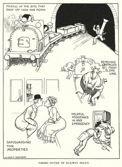 Illustration til Railway Ribaldry af W Heath Robinson (litho) af William Heath Robinson