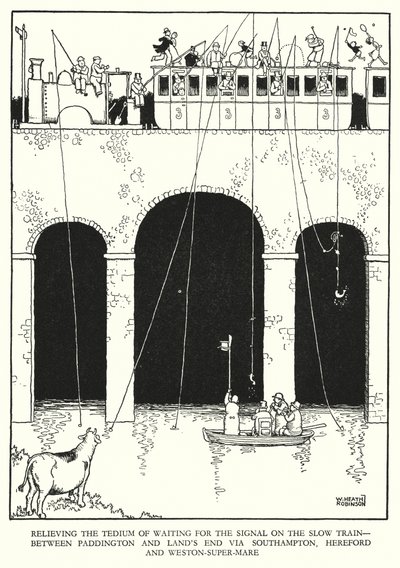 Illustration til Railway Ribaldry af W Heath Robinson (litho) af William Heath Robinson
