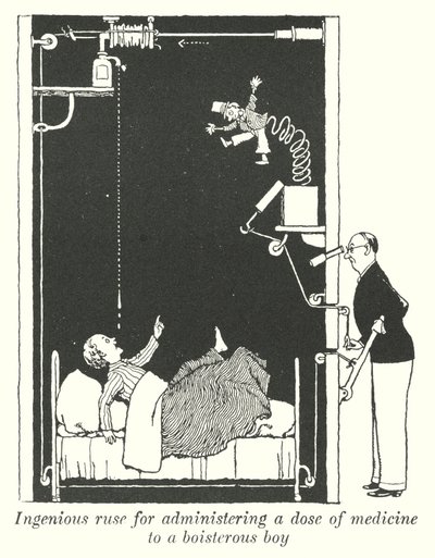 Genial list til at give en dosis medicin til en larmende dreng (litho) af William Heath Robinson