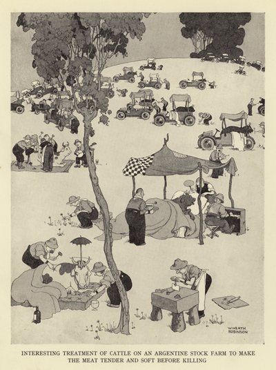 Interessant behandling af kvæg på en argentinsk kvægfarm for at gøre kødet mørt og blødt inden aflivning af William Heath Robinson