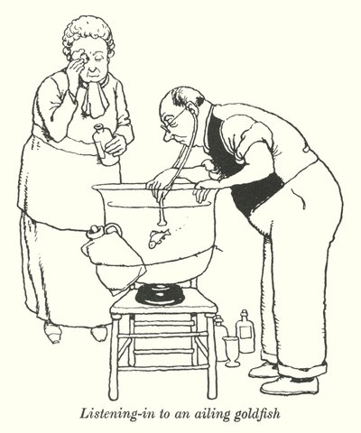 Lytter ind til en syg guldfisk (litho) af William Heath Robinson