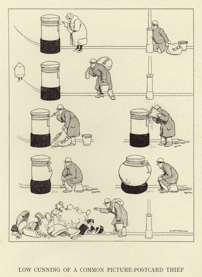 En almindelig postkorttyv er lavt snu af William Heath Robinson