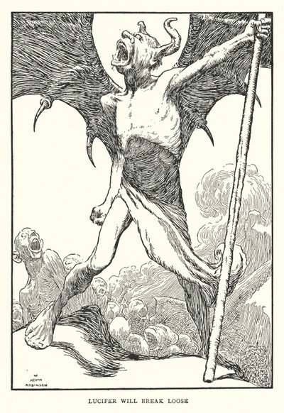 Lucifer vil bryde løs (litho) af William Heath Robinson