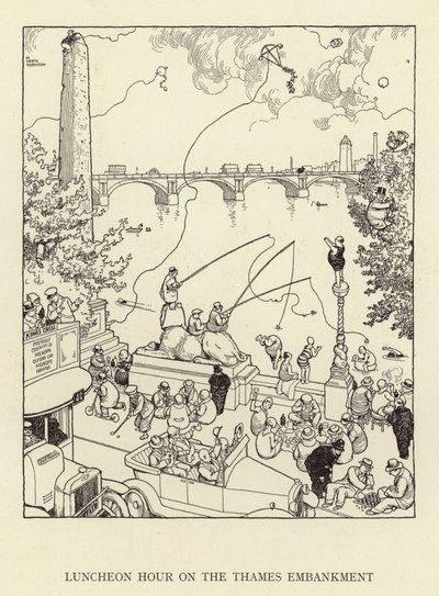 Frokosttime på Themsen Embankment af William Heath Robinson