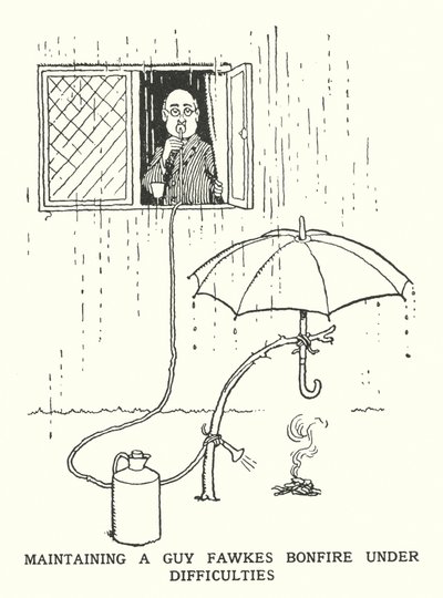 Vedligeholdelse af et Guy Fawkes-bål under vanskeligheder (litho) af William Heath Robinson