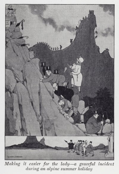 Gør det lettere for damen, en yndefuld hændelse under en alpin sommerferie (litho) af William Heath Robinson