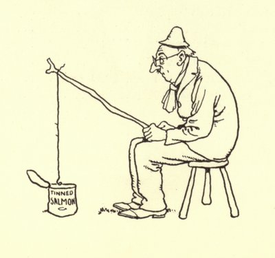 Mand, der fisker efter laks på dåse af William Heath Robinson