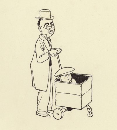 Mand skubber dreng i en kasse af William Heath Robinson