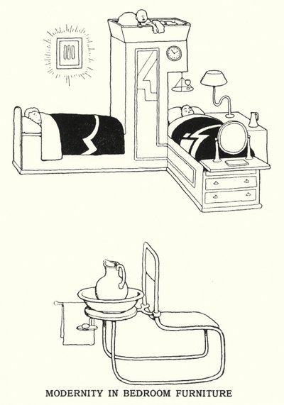 Modernitet i soveværelsesmøbler (litho) af William Heath Robinson