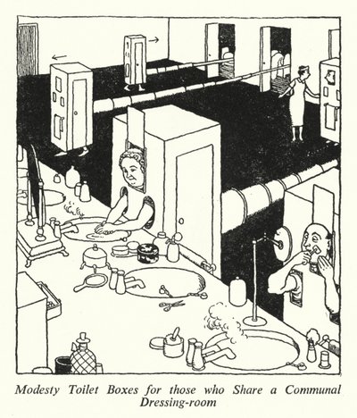 Modesty toiletbokse til dem, der deler et fælles omklædningsrum (litho) af William Heath Robinson
