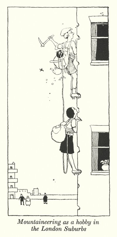 Bjergbestigning som hobby i Londons forstæder (litho) af William Heath Robinson