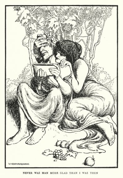Aldrig var mennesket mere glad, end jeg var dengang (litho) af William Heath Robinson
