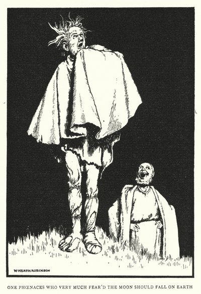 En Fønacer, der meget frygtede, at månen skulle falde på jorden (litho) af William Heath Robinson